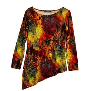 The Pyramid Collection Feather Print Asymmetrical Hem Long Sleeve Top Size S